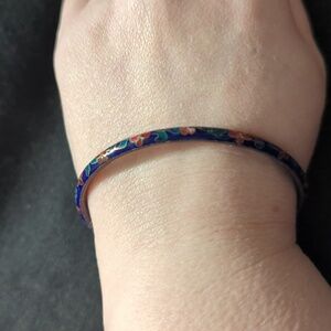 Vintage Blue Red Green Cloisonne Floral Flower Thin Bangle Statement Bracelet